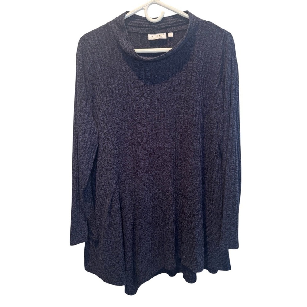 Habitat Womens Blue Tunic Ribbed Mock Neck Asymmetrical Swing Knit Top Large